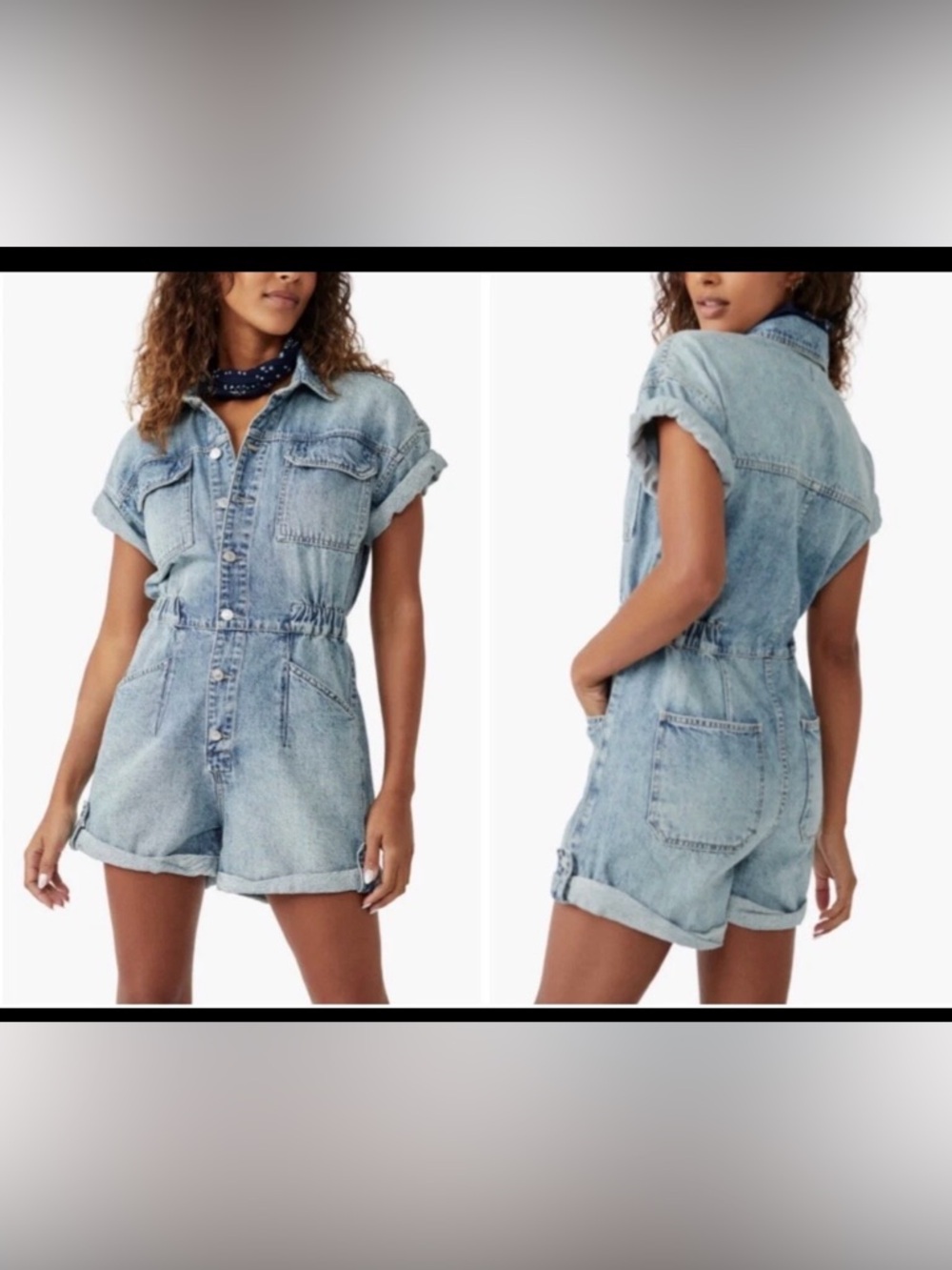 Free People Marci Cuffed Shortall Romper Shorts Light Wash Denim Size S GUC
